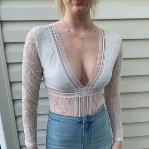 white long sleeve lace bodysuit
